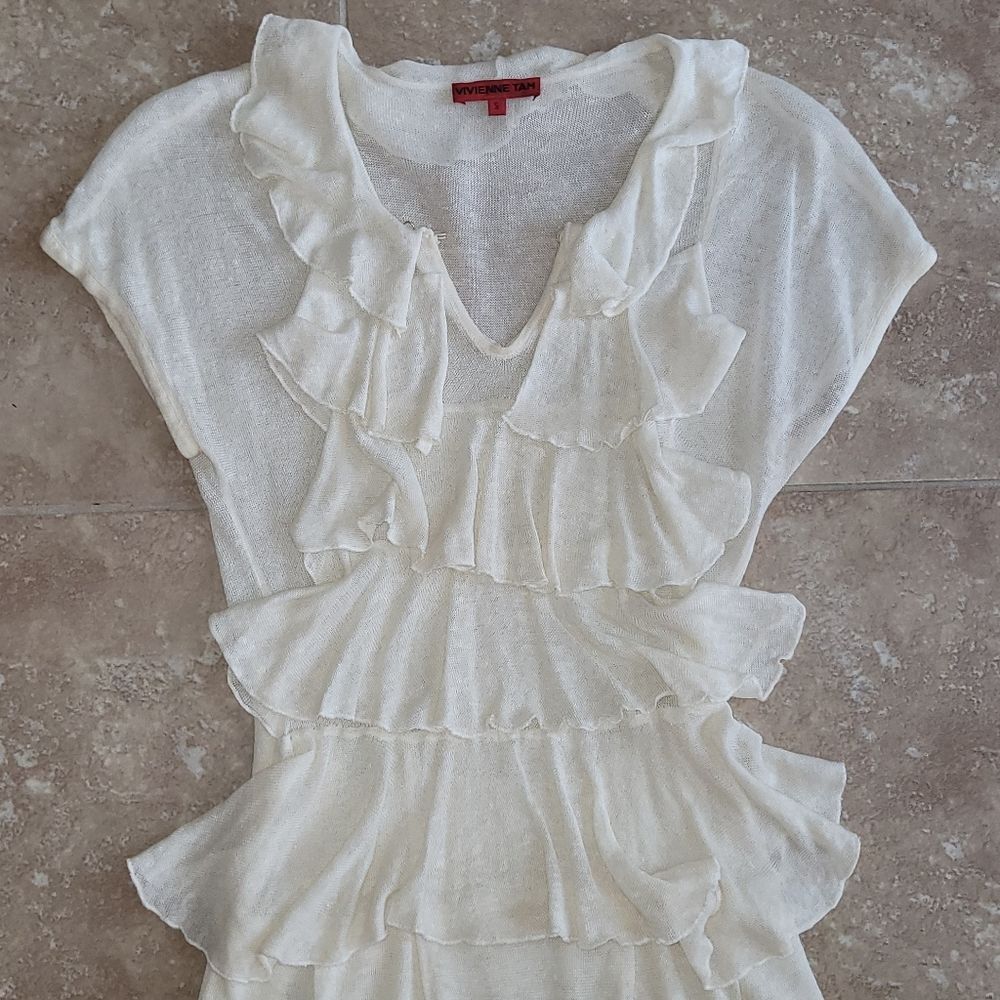[SOLD]Vivienne Tam Cream Sheer Short-Sleeved Ruffle Tiered Knit Dress - Small - Picture 2 of 8